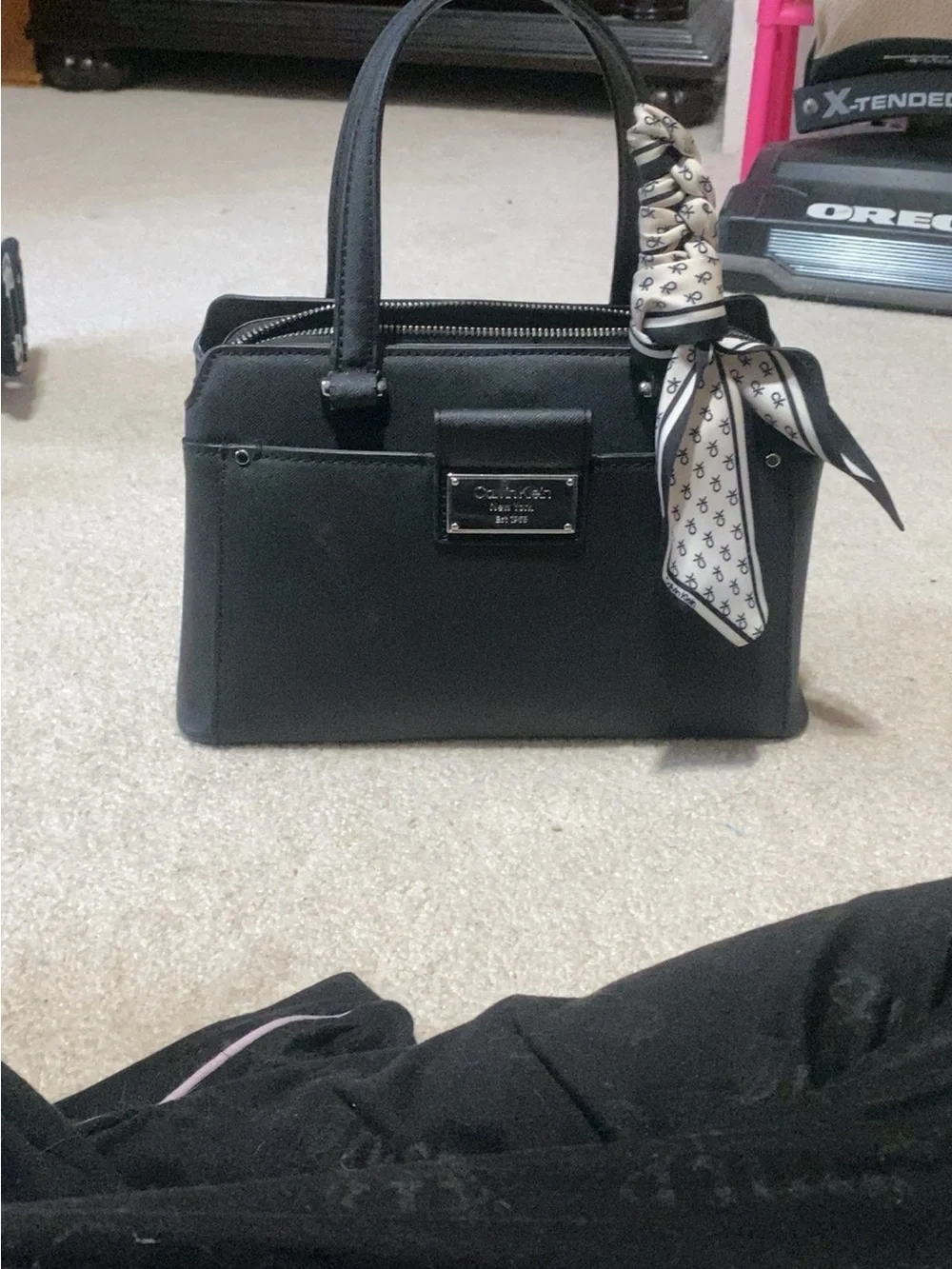 Michael Kors Black Leather Satchel with Patterned Twilly